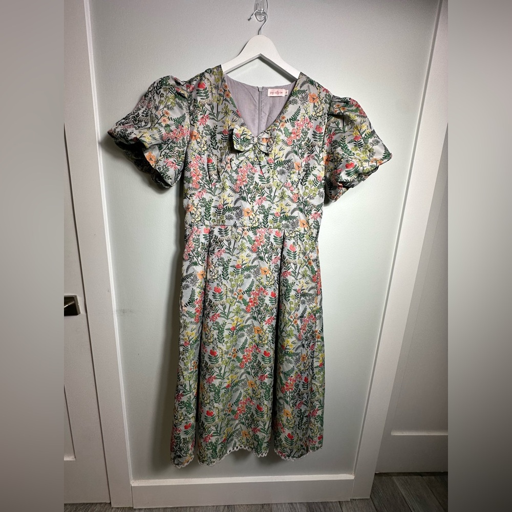 NEW Ivy City Co  Avalon  Floral Brocade Midii Puff Sleeve Bow  Dress Sz 16 - Picture 11 of 17